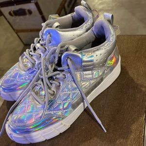 Silver iridescent, tennis shoes.